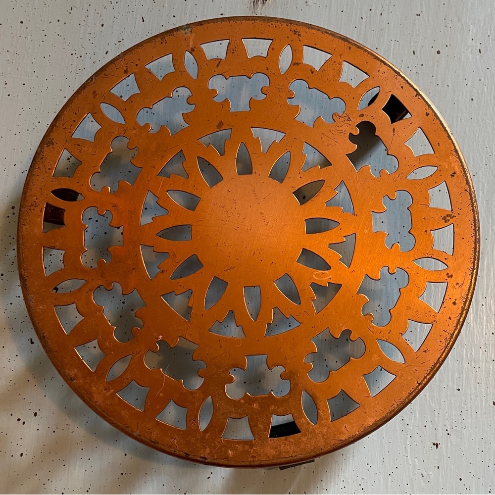 Vintage Copper Fancy Round Trivet, 6 1/4” Diameter